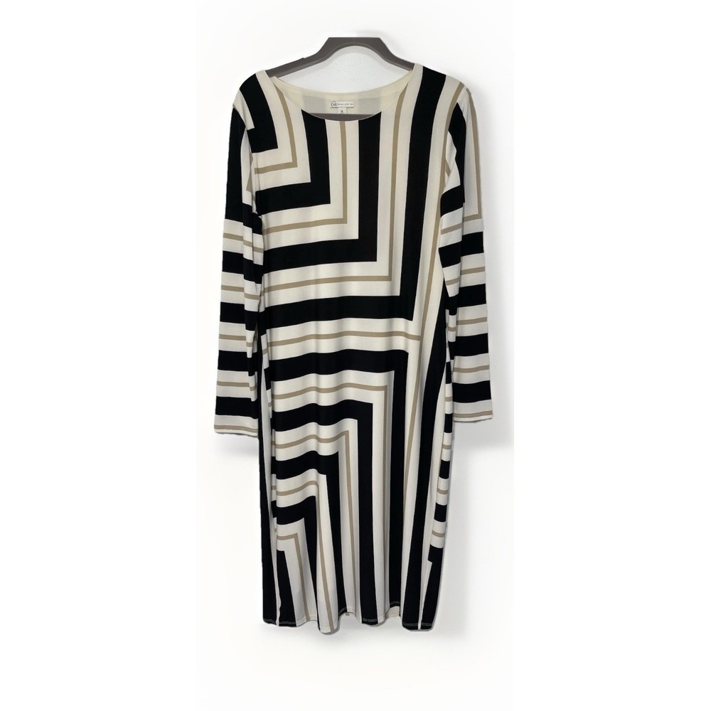 Cato Geometric Print Long Sleeve Midi Dress Womens Size XL Black‎ White Khaki - Picture 6 of 8